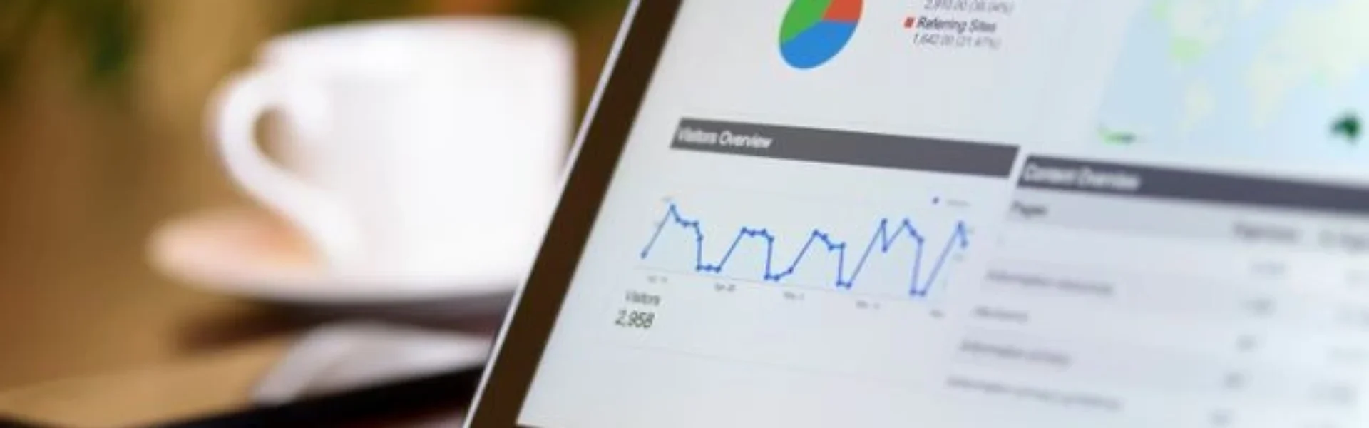 A tablet computer displaying a website analytics dashboard with charts and graphs, resting on a wooden desk next to a stylus, smartphone, and blurred coffee cup.